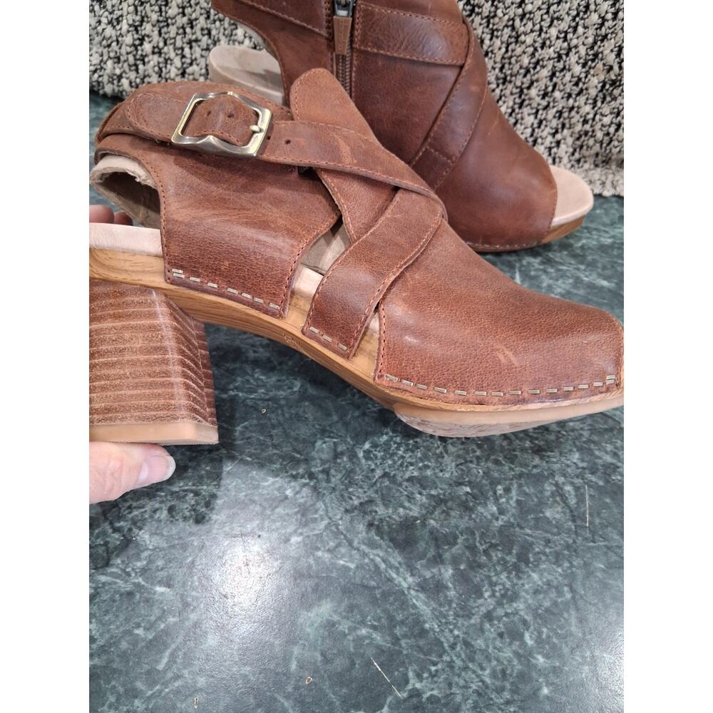 Dansko Sandals SZ 6.5-7 Arlene Platform Peep Toe Leather Stacked Block Heel Boho - Picture 8 of 12
